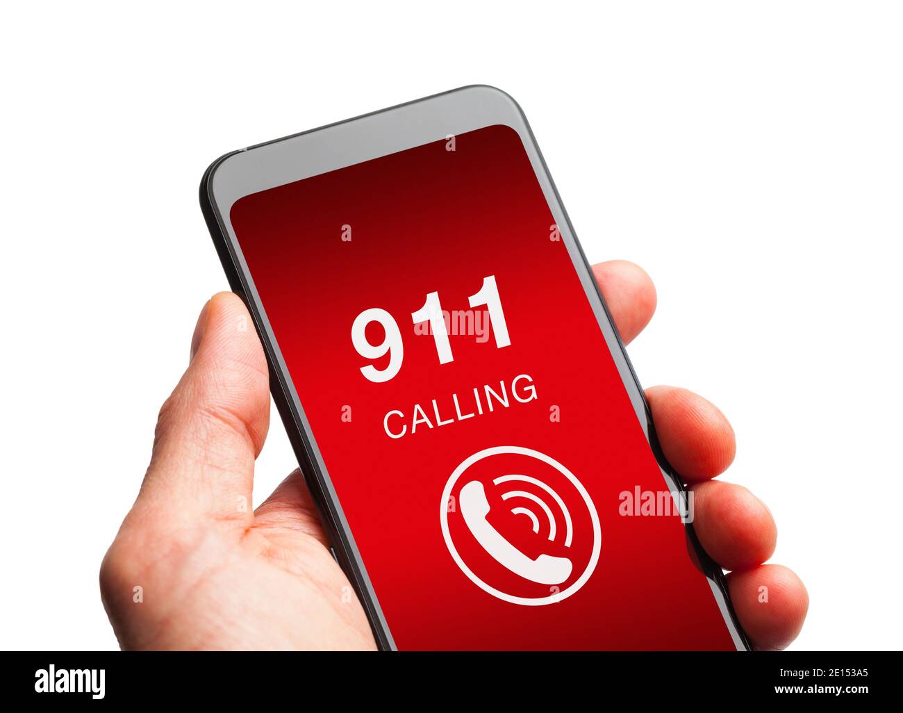 Main tenant le Smart Phone avec appel 911. Banque D'Images