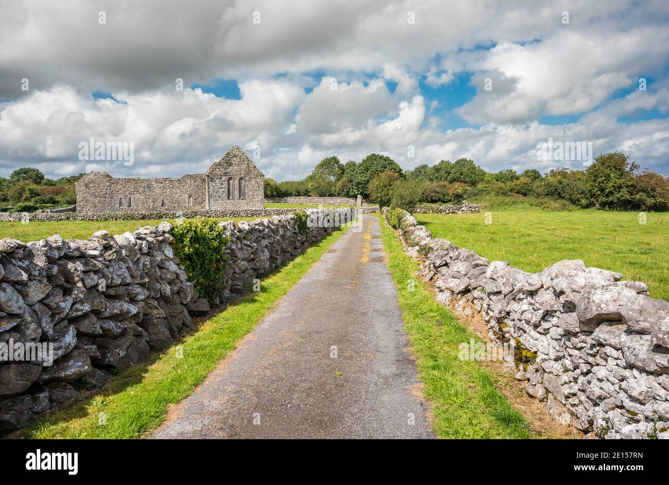 Bâtiments en ruines et murs en pierre construits à partir de calcaire carbonifère au monastère Kilmacduagh du VIIe siècle près de Gort, comté de Galway, Irlande Banque D'Images