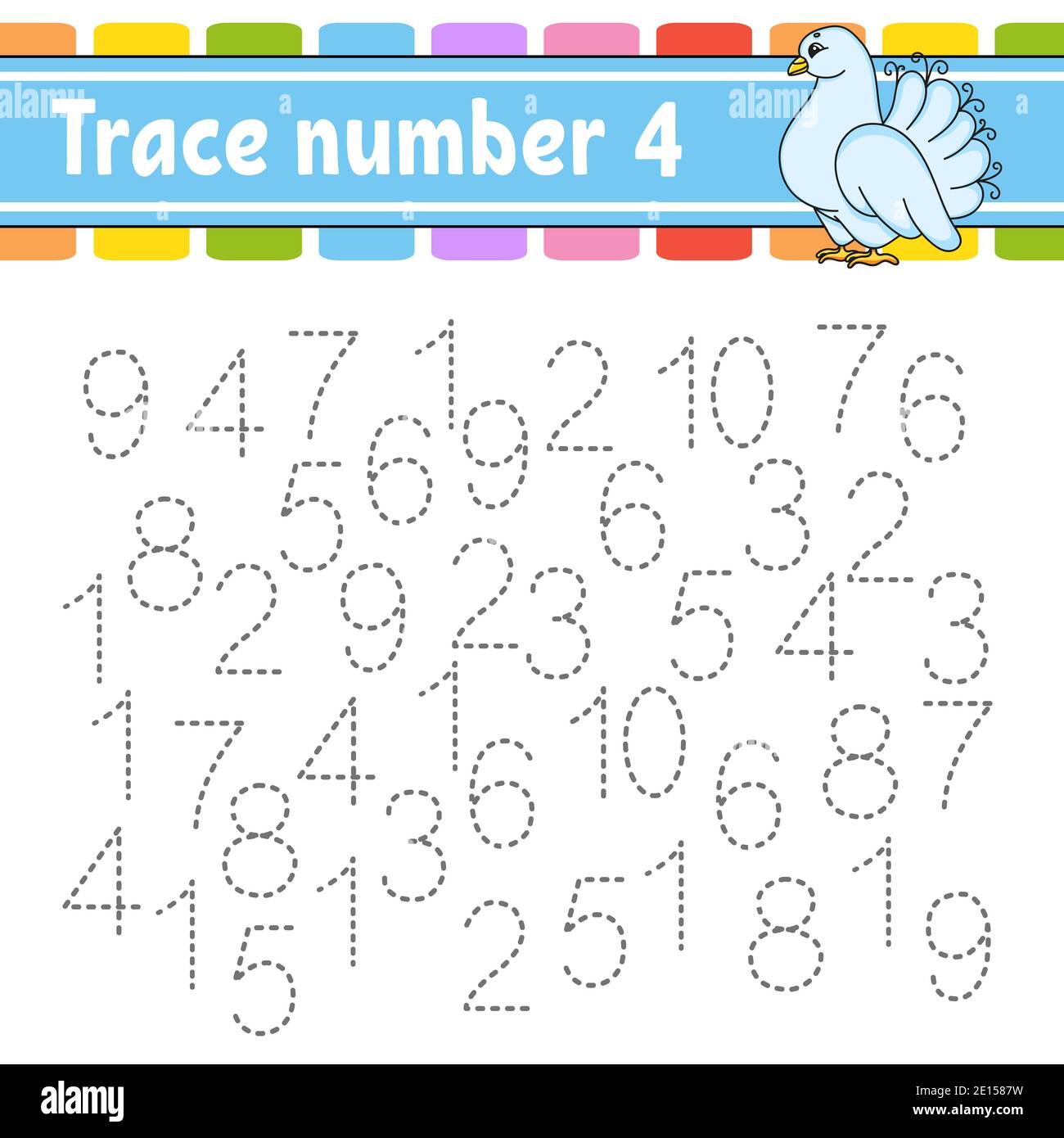 Numéro de trace. Pratique de l'écriture manuscrite. Numéros d'apprentissage pour les enfants. Feuille de travail de développement de l'éducation. Page activité. Jeu pour les tout-petits et les enfants d'âge préscolaire. Isol Illustration de Vecteur