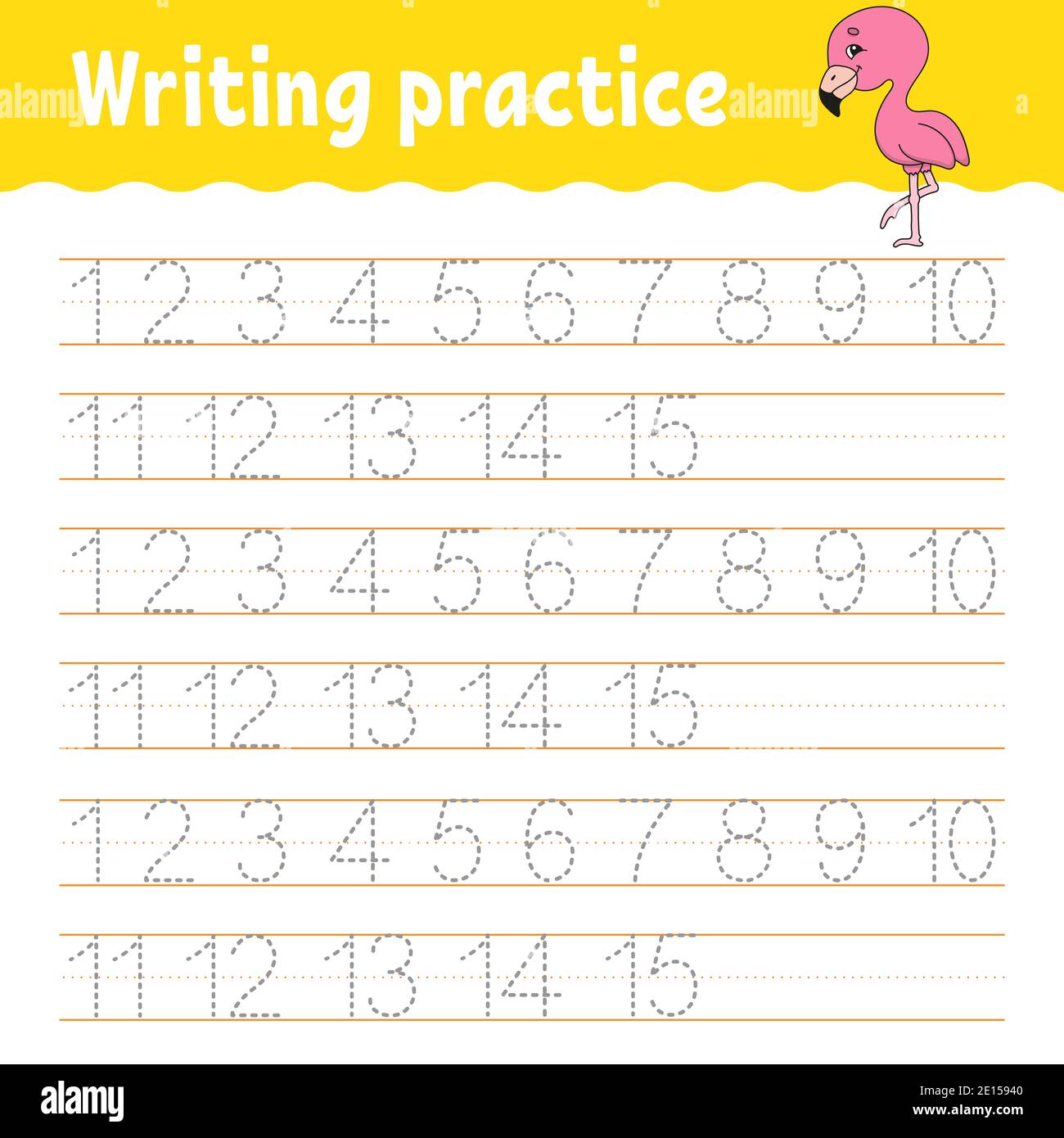 Suivi et écriture. Pratique de l'écriture manuscrite. Numéros d'apprentissage pour les enfants. Feuille de travail de développement de l'éducation. Page activité. Jeu pour les tout-petits et les enfants d'âge préscolaire. I Illustration de Vecteur