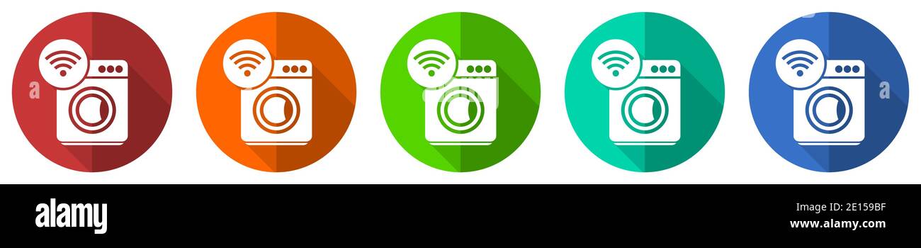 Machine à laver, Internet, wifi Vector Icon Set, rouge, bleu, vert et orange design plat boutons Web isolés sur blanc, illustration vectorielle Illustration de Vecteur