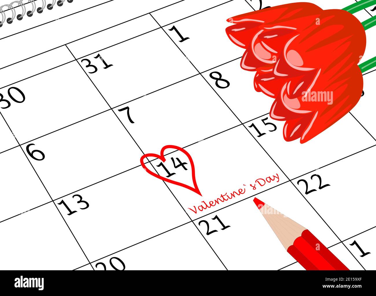 Page de calendrier de Saint-Valentin avec crayon et fleurs Banque D'Images