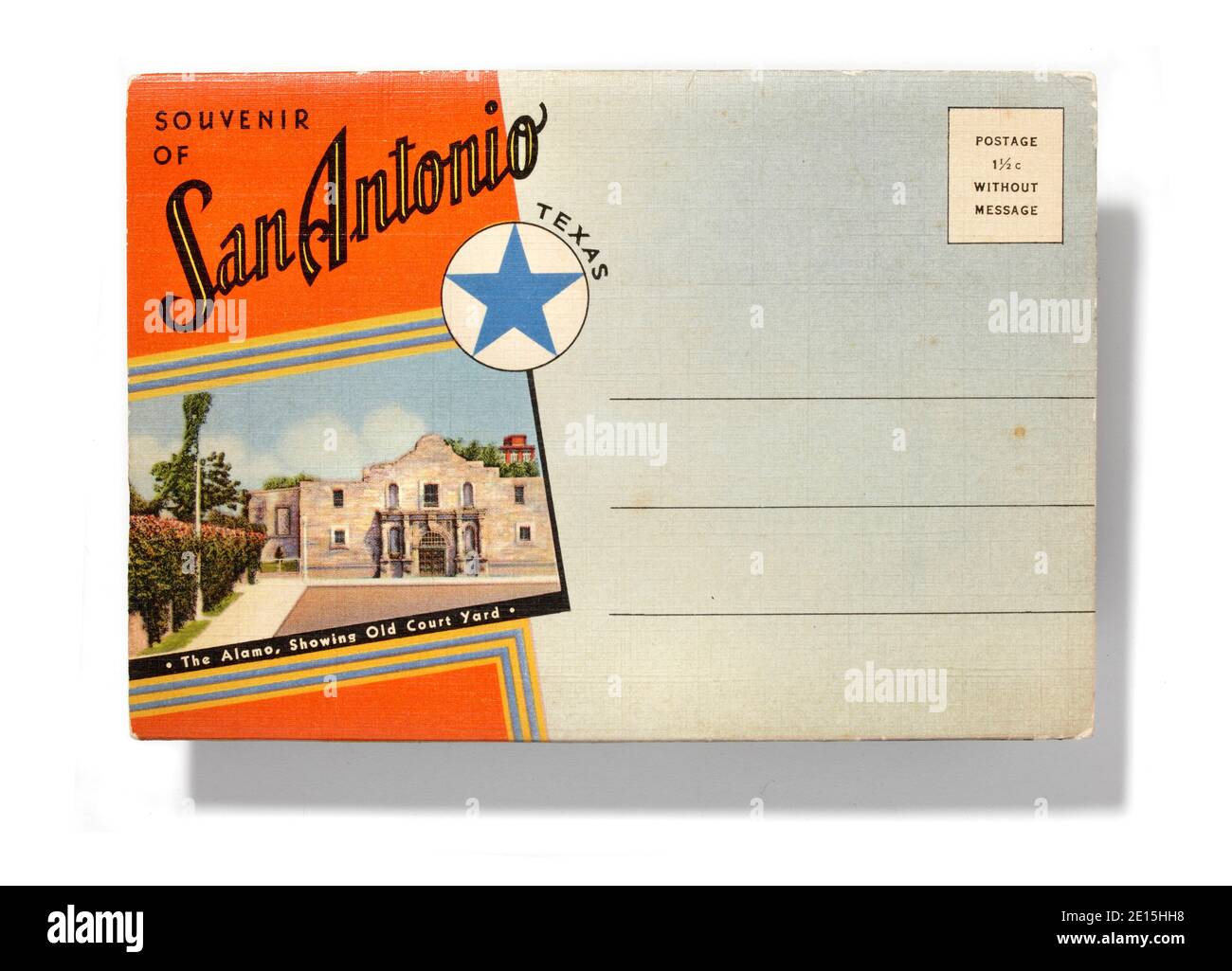 Carte postale d'époque de San Antonio photographiée sur fond blanc Banque D'Images