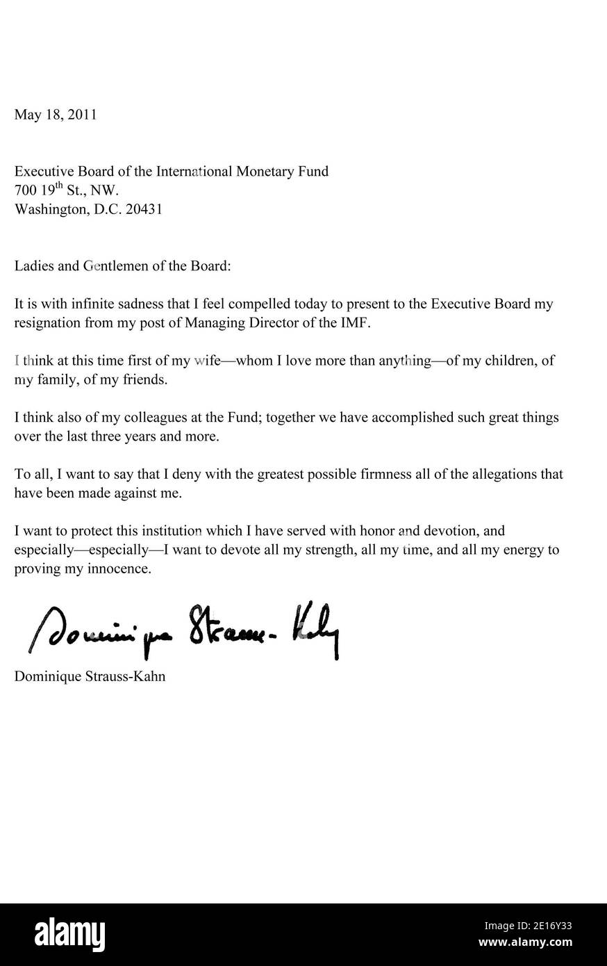 Lettre officielle de démission du directeur général du FMI, Dominique Strauss-Kahn, avec effet immeditate, de la part du conseil exécutif du Fonds monétaire international. Washington, DC, États-Unis le 18 mai 2011. Photo par FMI/ABACAPRESS.COM Banque D'Images