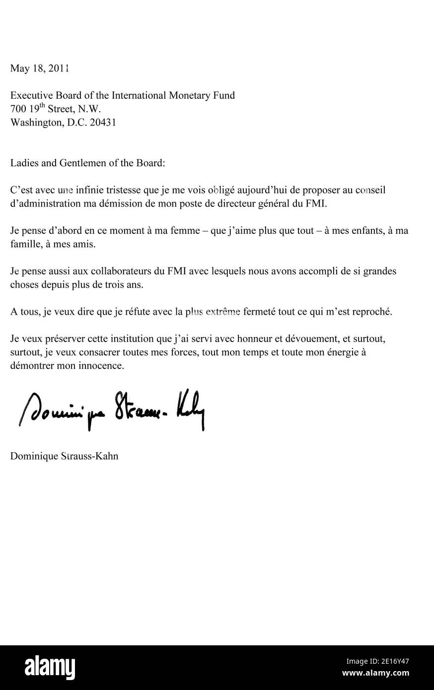 Lettre officielle de démission du directeur général du FMI, Dominique Strauss-Kahn, avec effet immeditate, de la part du conseil exécutif du Fonds monétaire international. Washington, DC, États-Unis le 18 mai 2011. Photo par FMI/ABACAPRESS.COM Banque D'Images