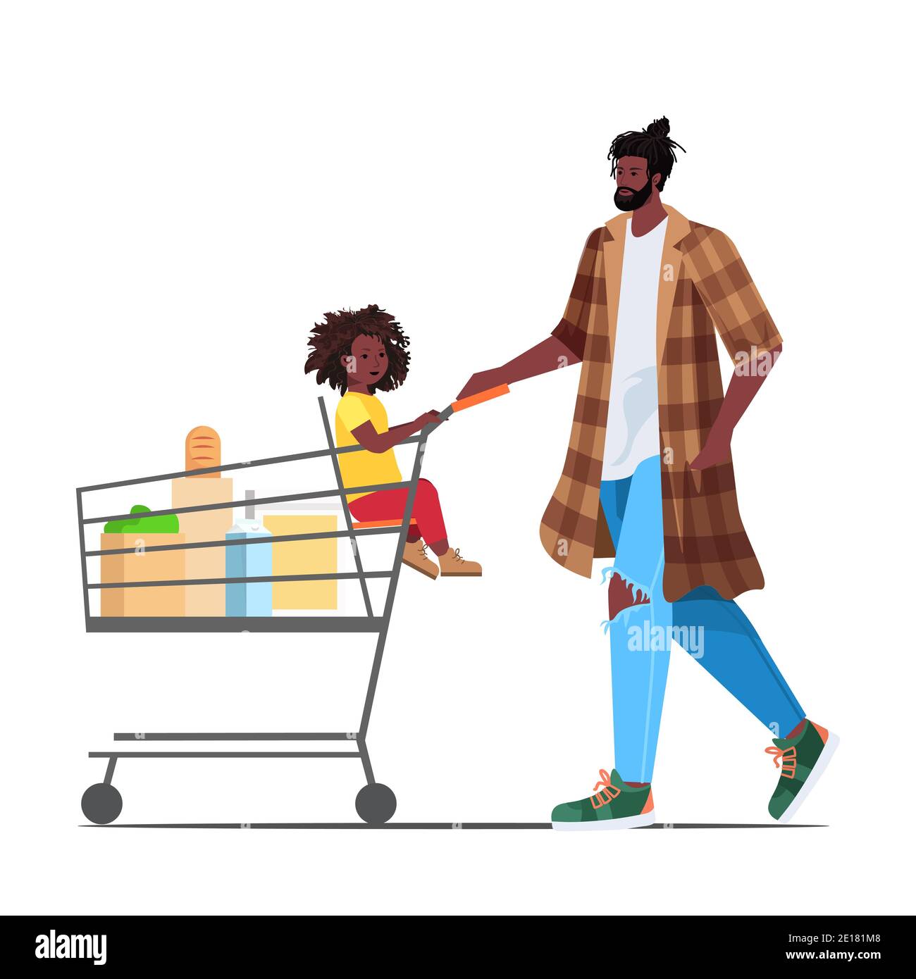 père afro-américain avec petite fille dans chariot achat épicerie dans la paternité de supermarché parent shopping concept pleine longueur vecteur illustration Illustration de Vecteur