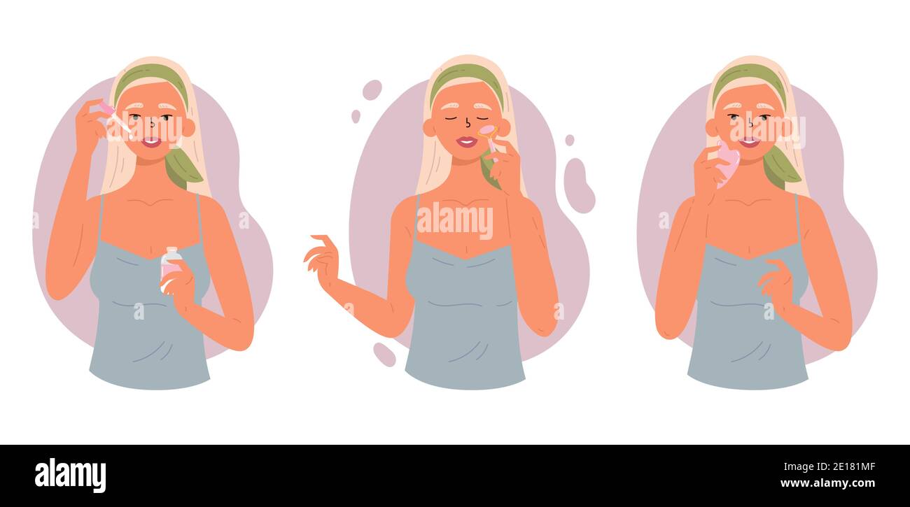 Méthode anti-âge de soin de la peau. Gua Sha. Illustration de Vecteur