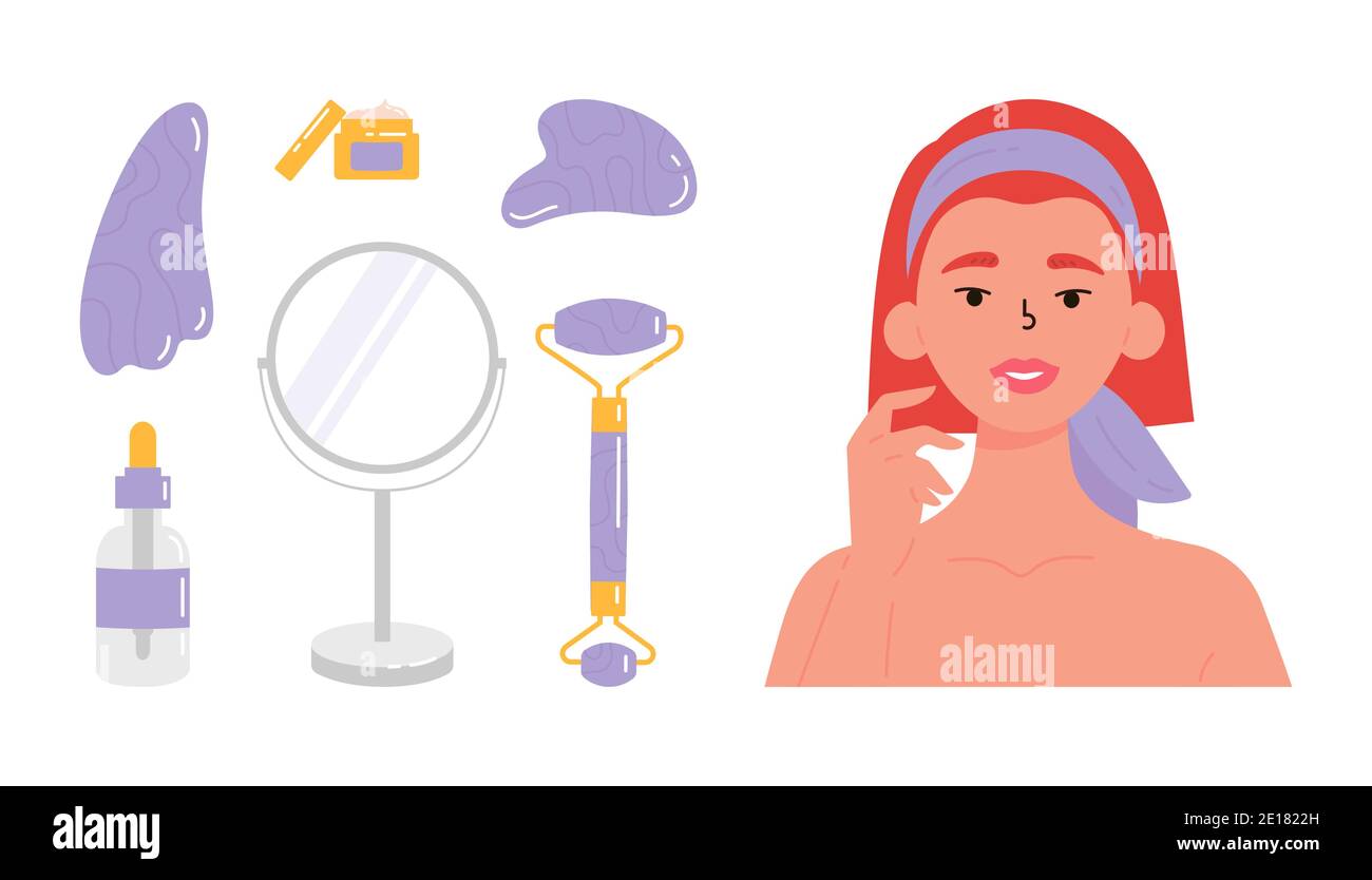 Méthode anti-âge de soin de la peau. Gua Sha. Illustration de Vecteur