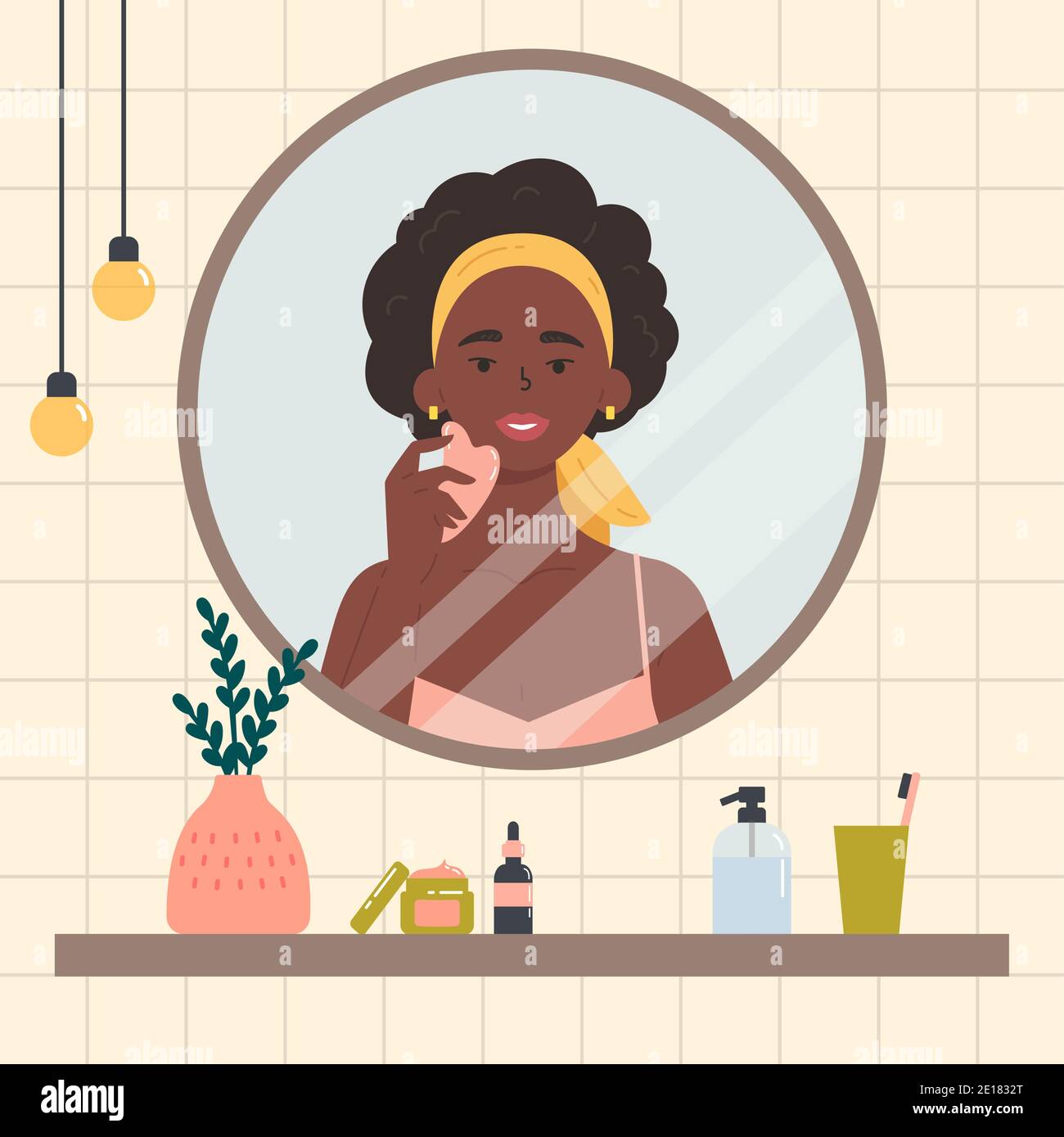 Femme à la recherche dans le miroir. Illustration de Vecteur