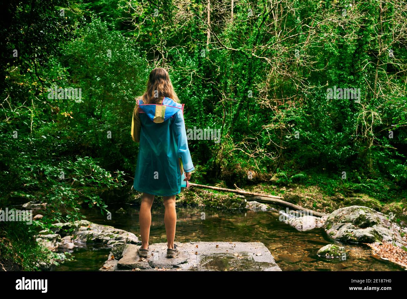 Une jeune femme est debout dans la forêt par un rivière en automne Banque D'Images