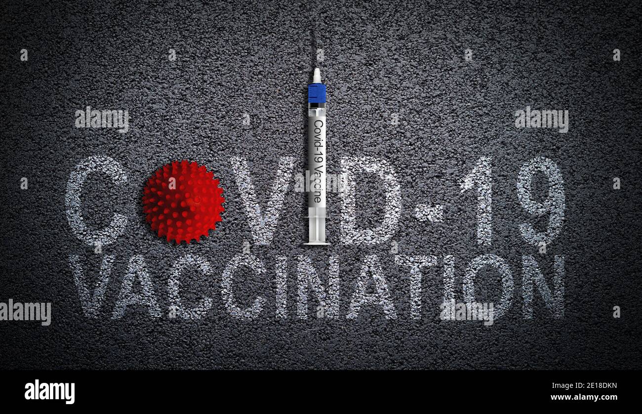 La vaccination COVID-19 est illustrée par le virus et le vaccin à aiguille à seringue sur fond d'asphalte. Mettre un terme au concept de pandémie de coronavirus. Banque D'Images