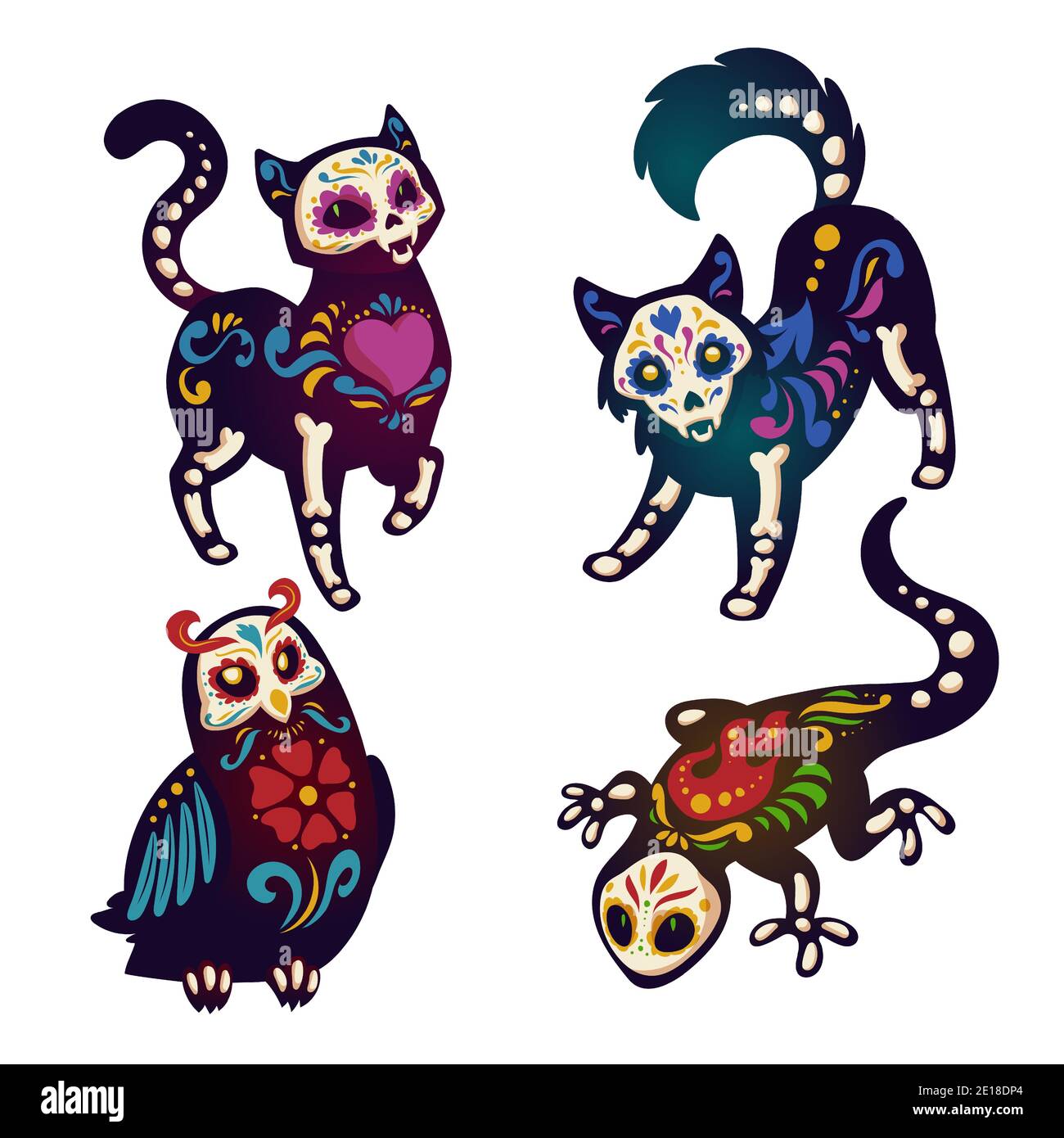 Dia de los Muertos, Journée mexicaine des morts avec des squelettes d'animaux. Ensemble de dessins animés vectoriels de chat noir, chien, hibou et lézard avec motif coloré d'os, crânes, coeur et fleurs isolés sur blanc Illustration de Vecteur