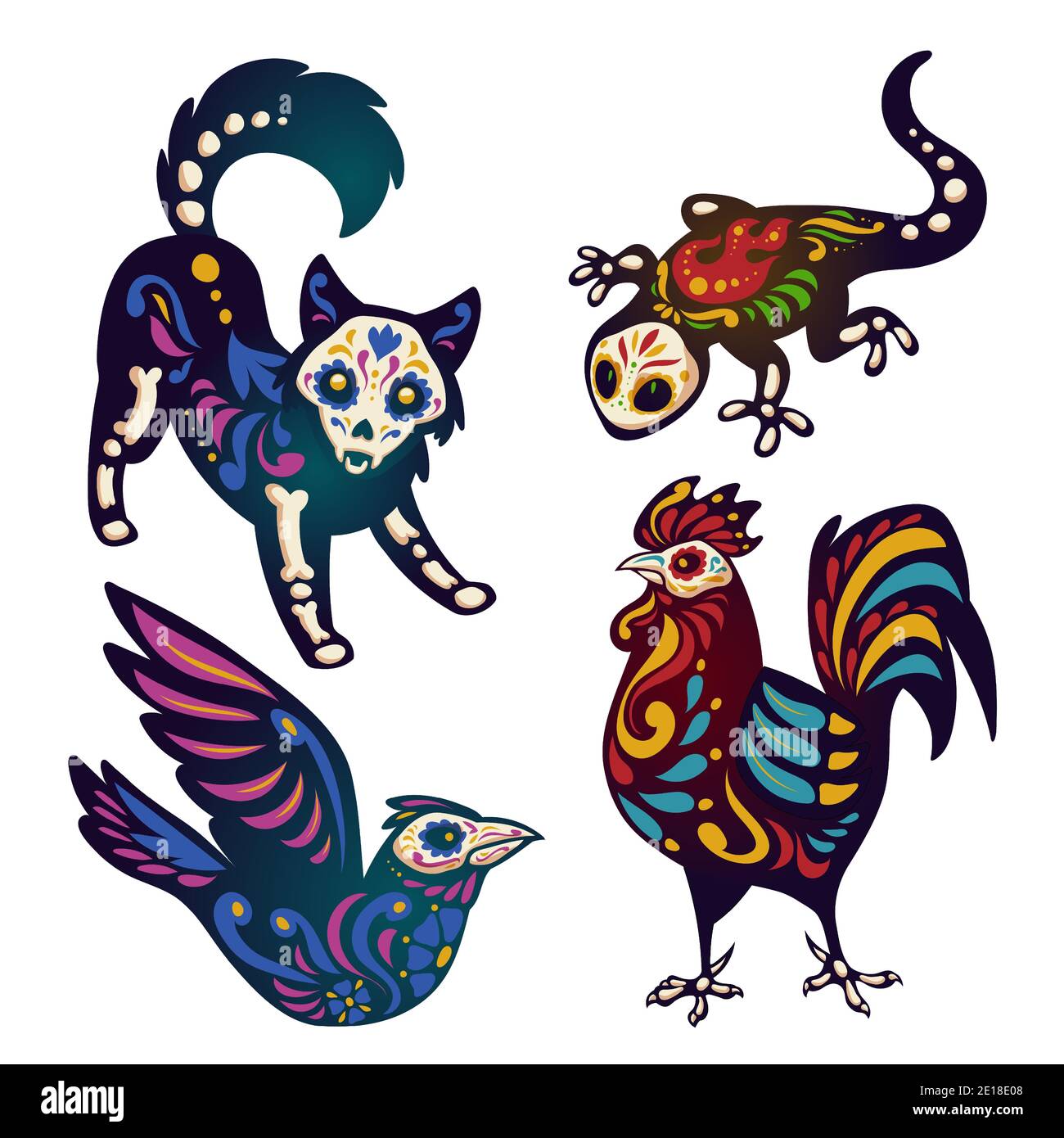 Dia de los Muertos, Journée mexicaine des morts avec des squelettes d'animaux. Ensemble de dessins animés vectoriels de chien noir, d'oiseau, de coq et de lézard avec un motif coloré d'os, de crânes, de feu et de fleurs isolées sur blanc Illustration de Vecteur