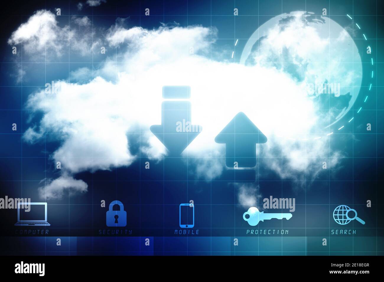 Cloud computing, présentation du concept de Cloud computing numérique. Concept de cyber-technologie, de stockage de données sur Internet, de base de données et de serveur mobile Banque D'Images