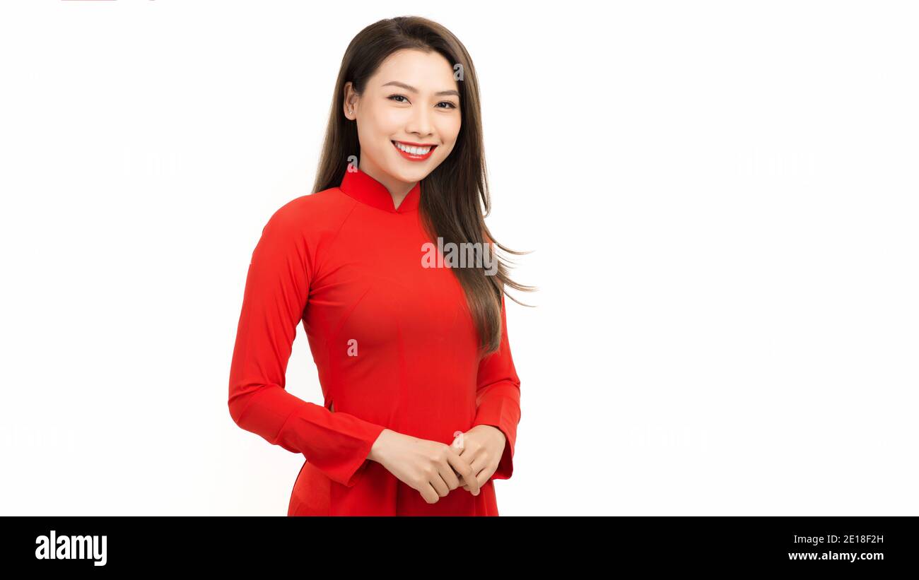 Célébrations du nouvel an lunaire, Portrait de la robe de femme vietnamienne à Ao Dai (robe traditionnelle du vietnam) Banque D'Images