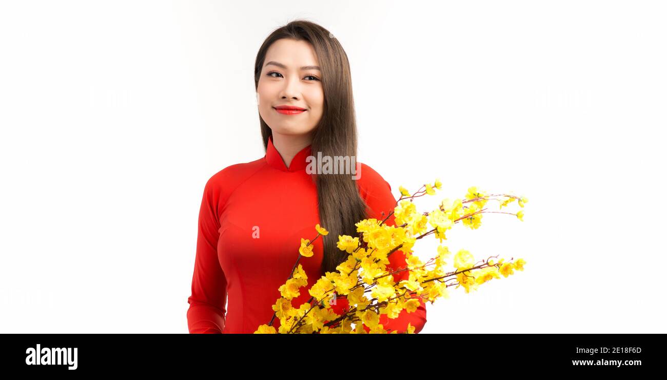 Nouvelle année lunaire vietnamienne. Les femmes portent la tradition vietnamienne ao dai avec Hoa Mai arbre (Ochna Integerrima) flowerin Tet vacances. Nouvel an lunaire du Vietnam Banque D'Images