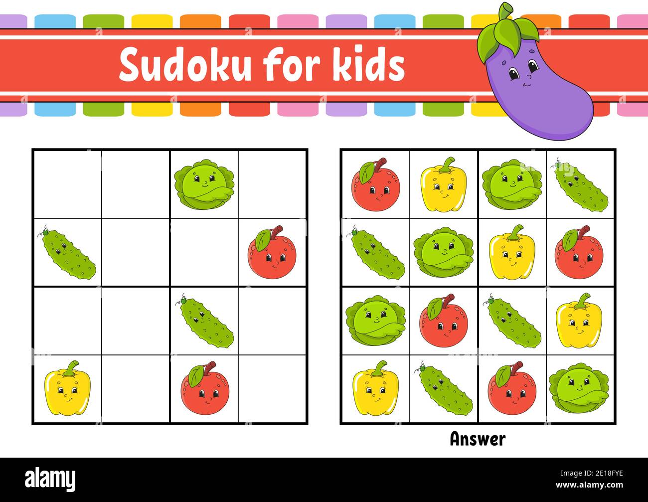 Sudoku pour enfants. Feuille de travail de développement de l'éducation. Légumes, fruits. Personnage de dessin animé. Page d'activité couleur. Jeu de puzzle pour enfants. La pensée logique Illustration de Vecteur