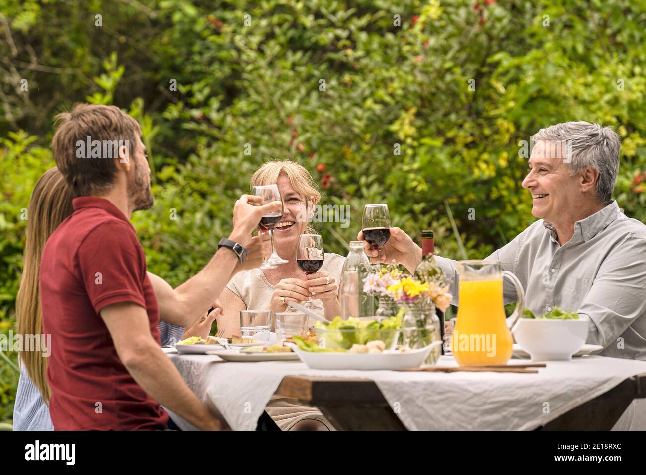 Family having lunch in garden Banque D'Images