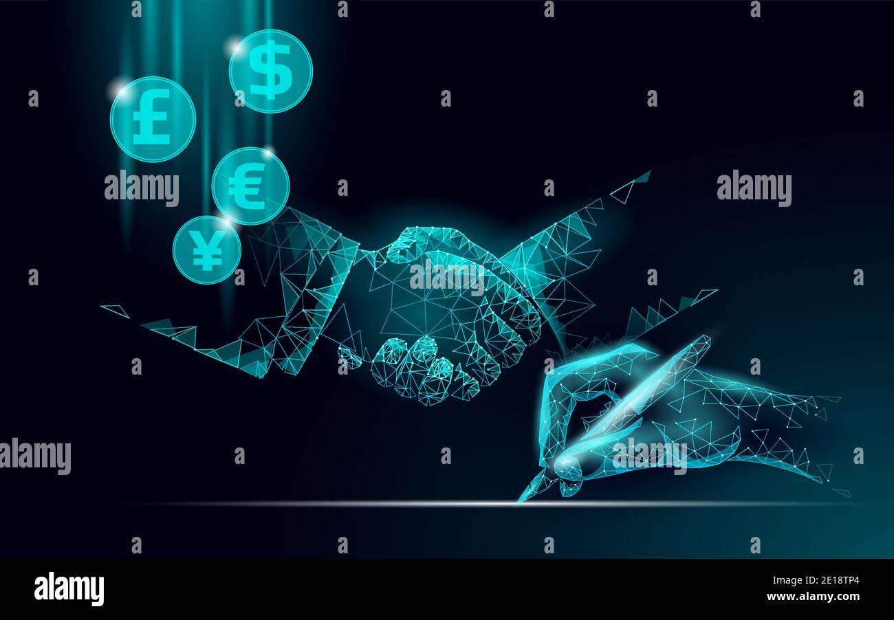 L'homme d'affaires 3D traite l'affaire de financement. Concept de contrat de contrat d'entreprise. Réussite réseau Web faible bannière poly. Internet international polygonal Illustration de Vecteur