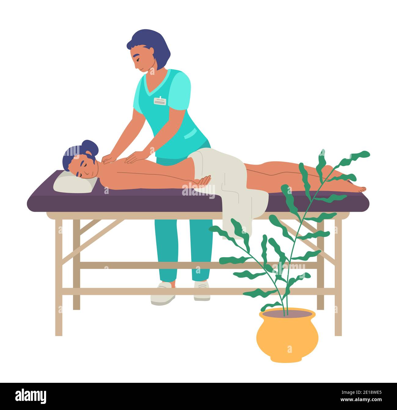 Centre de réadaptation. Massage du dos, illustration vectorielle plate. Traitement de physiothérapie des personnes blessées. Illustration de Vecteur