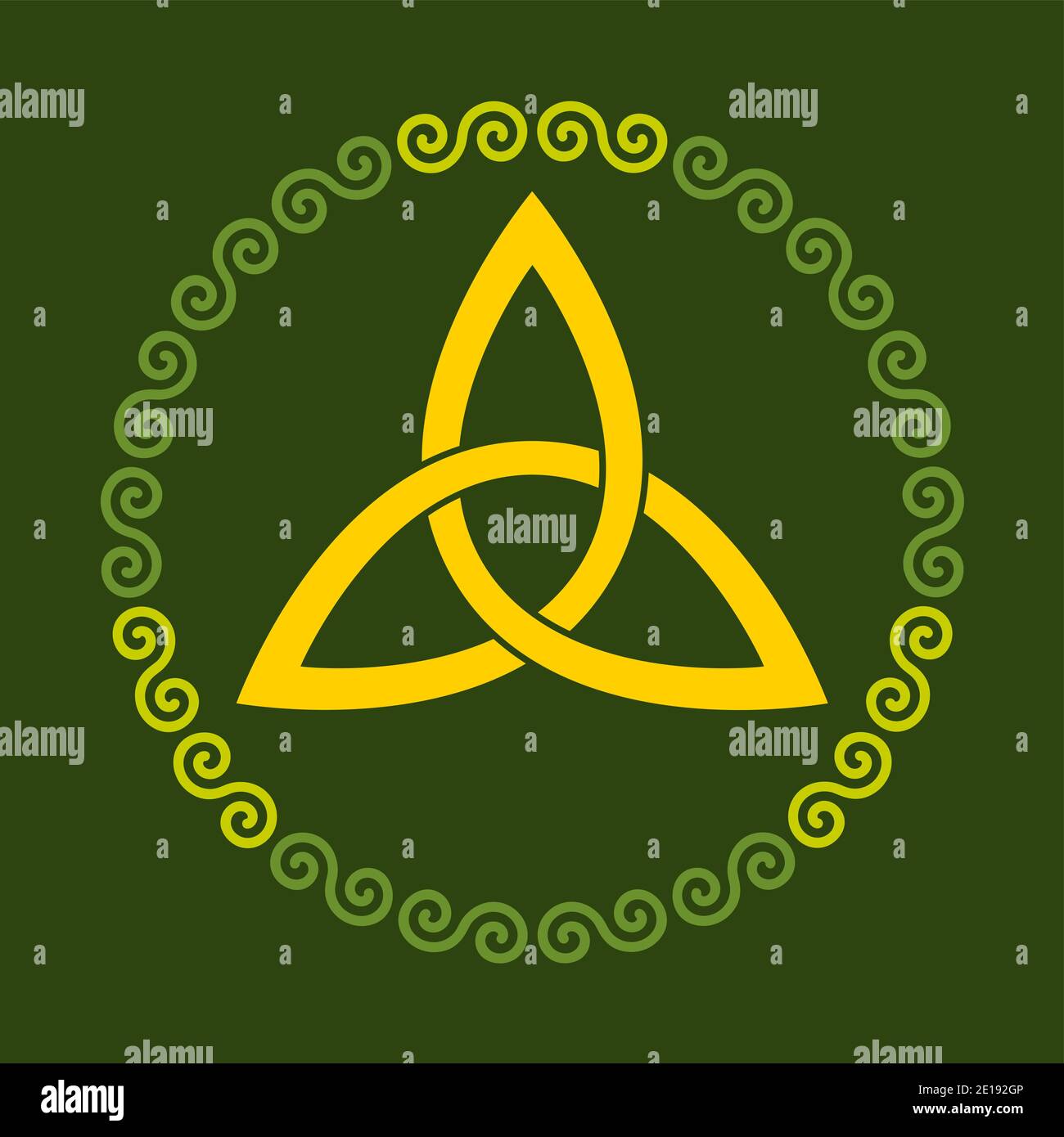 Triquetra, orange triangle celtique noeud dans un cadre de cercle, en forme de double spirales vertes, sur un fond vert mousse. Nœud ondulé du panier. Banque D'Images