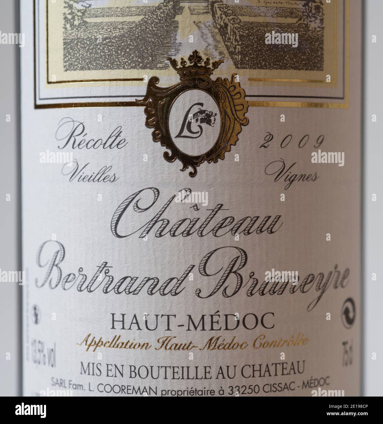 Château Bertrand Braneyre 2010 étiquette de la bouteille de vin du Haut-Médoc Banque D'Images