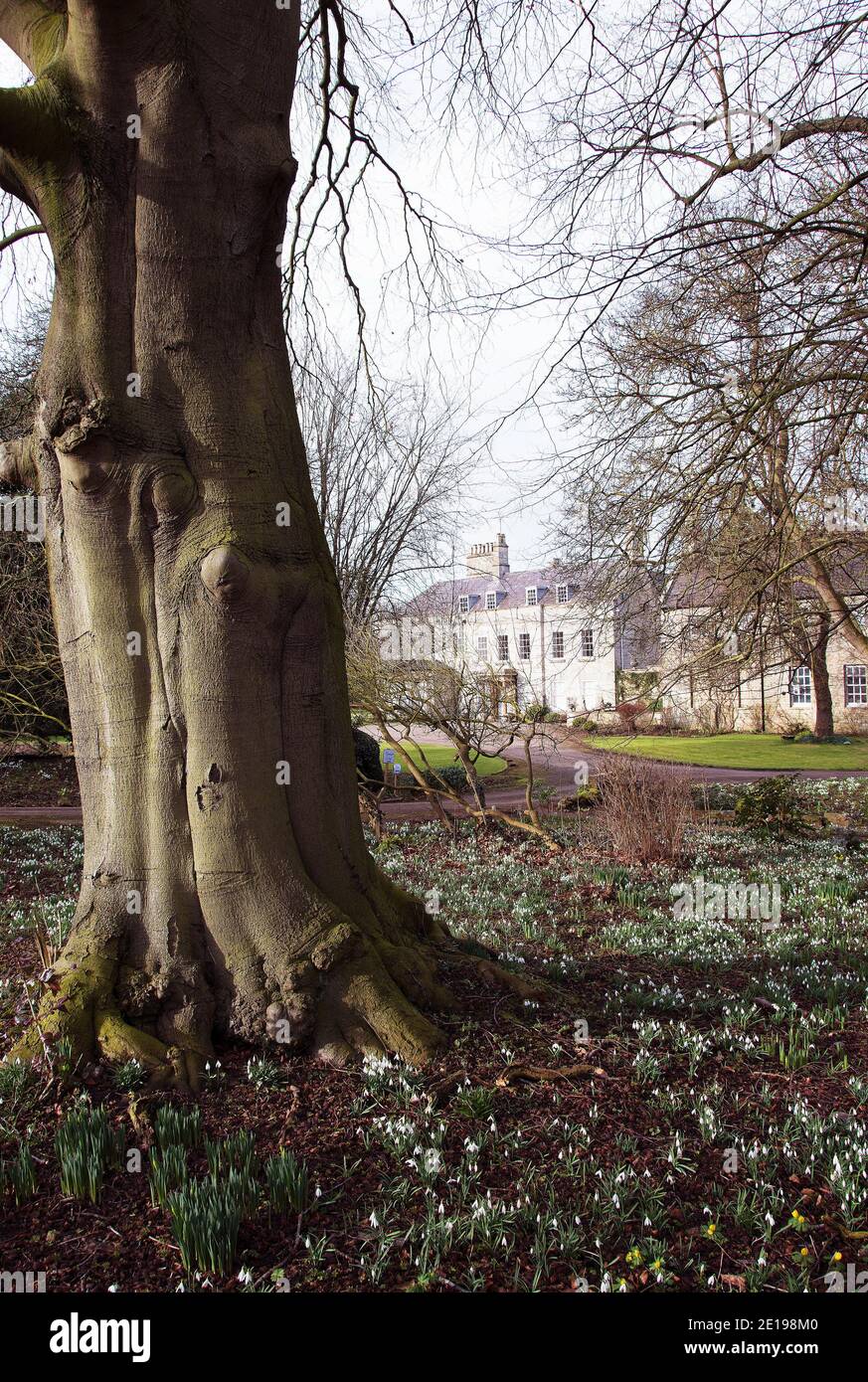 Jardins historiques de Little Ponton Hall à l'heure de la chute de neige Banque D'Images