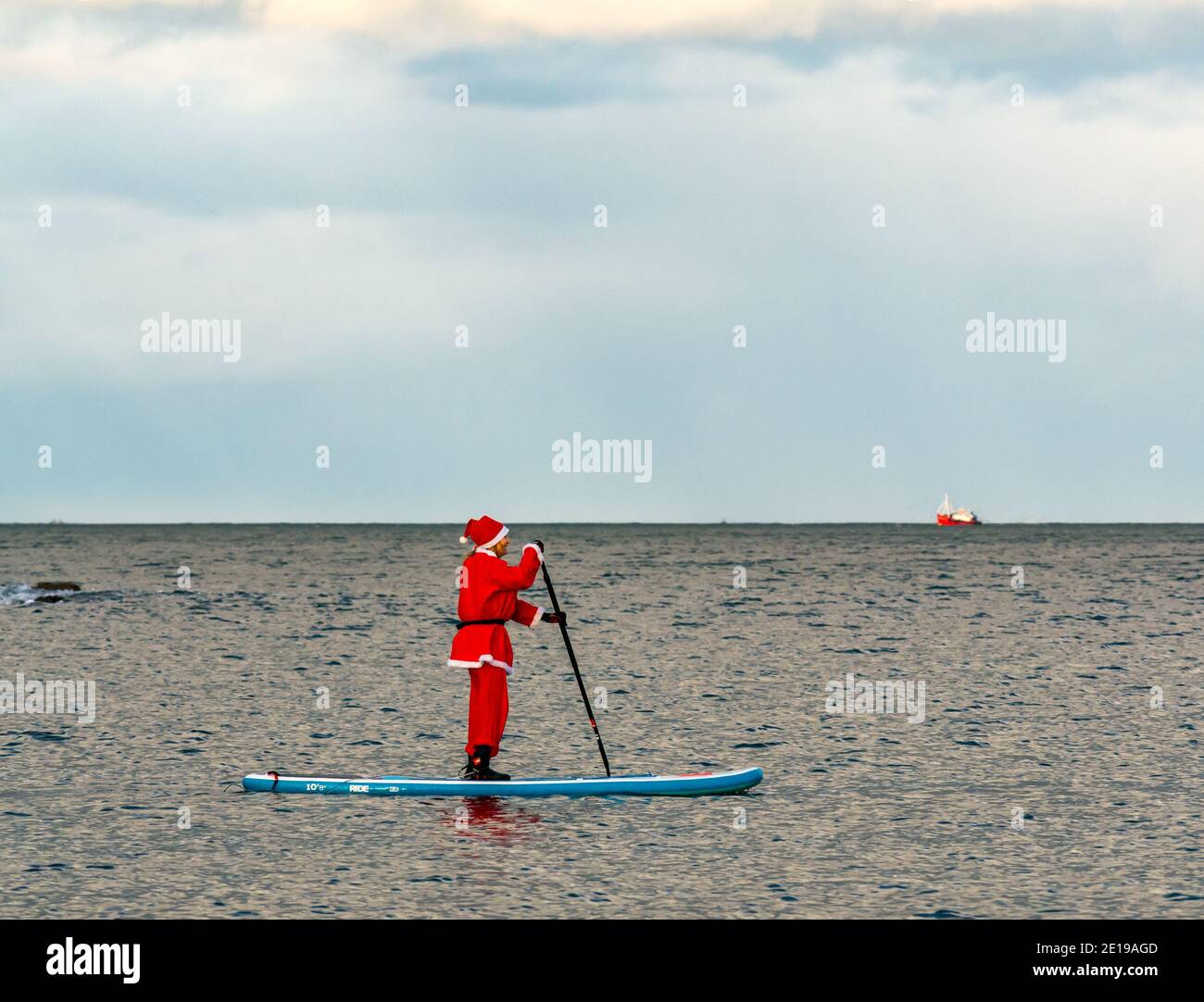 Événement caritatif communautaire : paddle Boarder dans un costume de Santa, Firth of Forth, East Lothian, Écosse, Royaume-Uni Banque D'Images