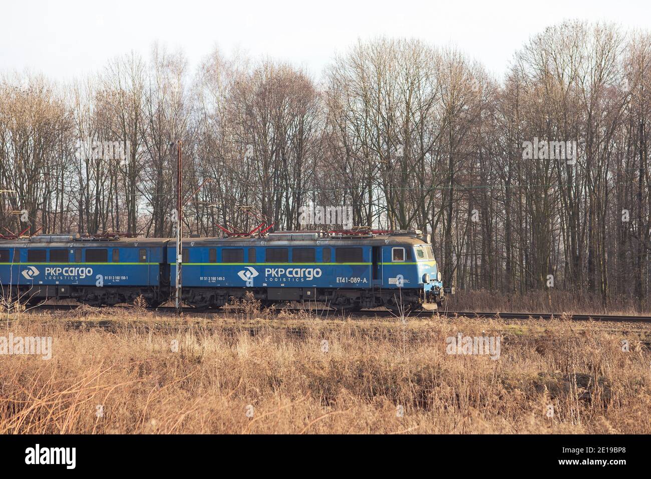 Katowice, Śląsk, Polska - 03.01.2021: PKP train de cargaison, transport de charbon. Banque D'Images
