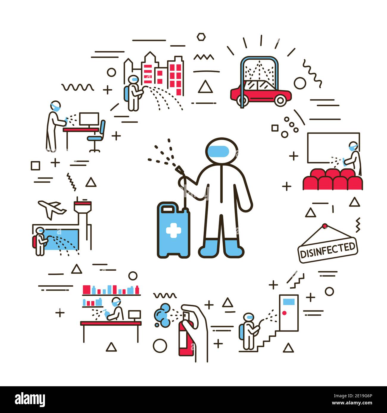 Bannière Web de désinfection de masse. Infographies avec icônes linéaires sur fond blanc. Concept d'idée créative. Illustration de couleur de contour isolée Illustration de Vecteur