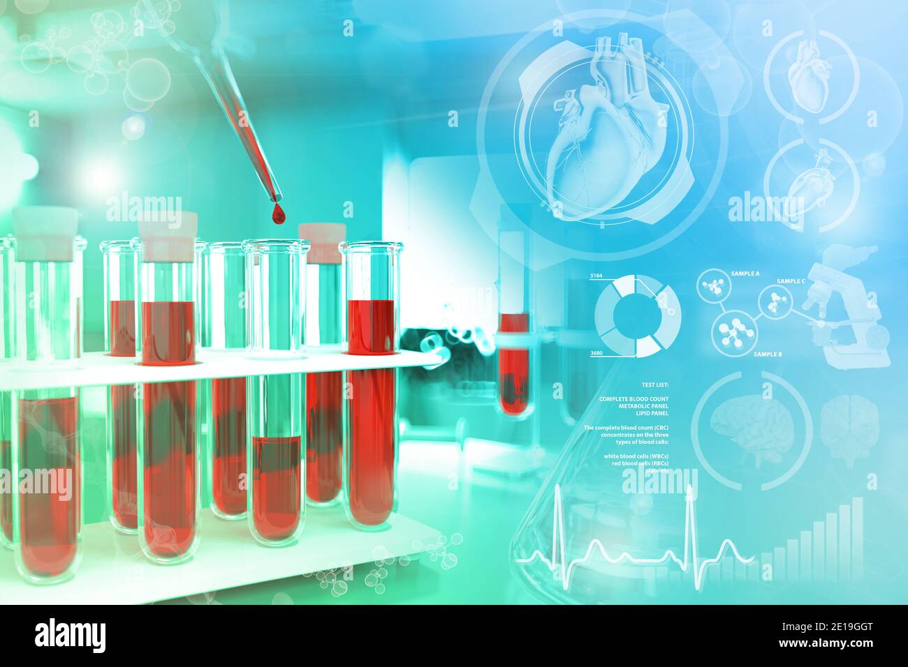 Tubes à essai dans les installations pharmaceutiques - test sanguin pour l'hémoglobine ou le lupus, illustration médicale 3D avec superposition de gradient créative Banque D'Images