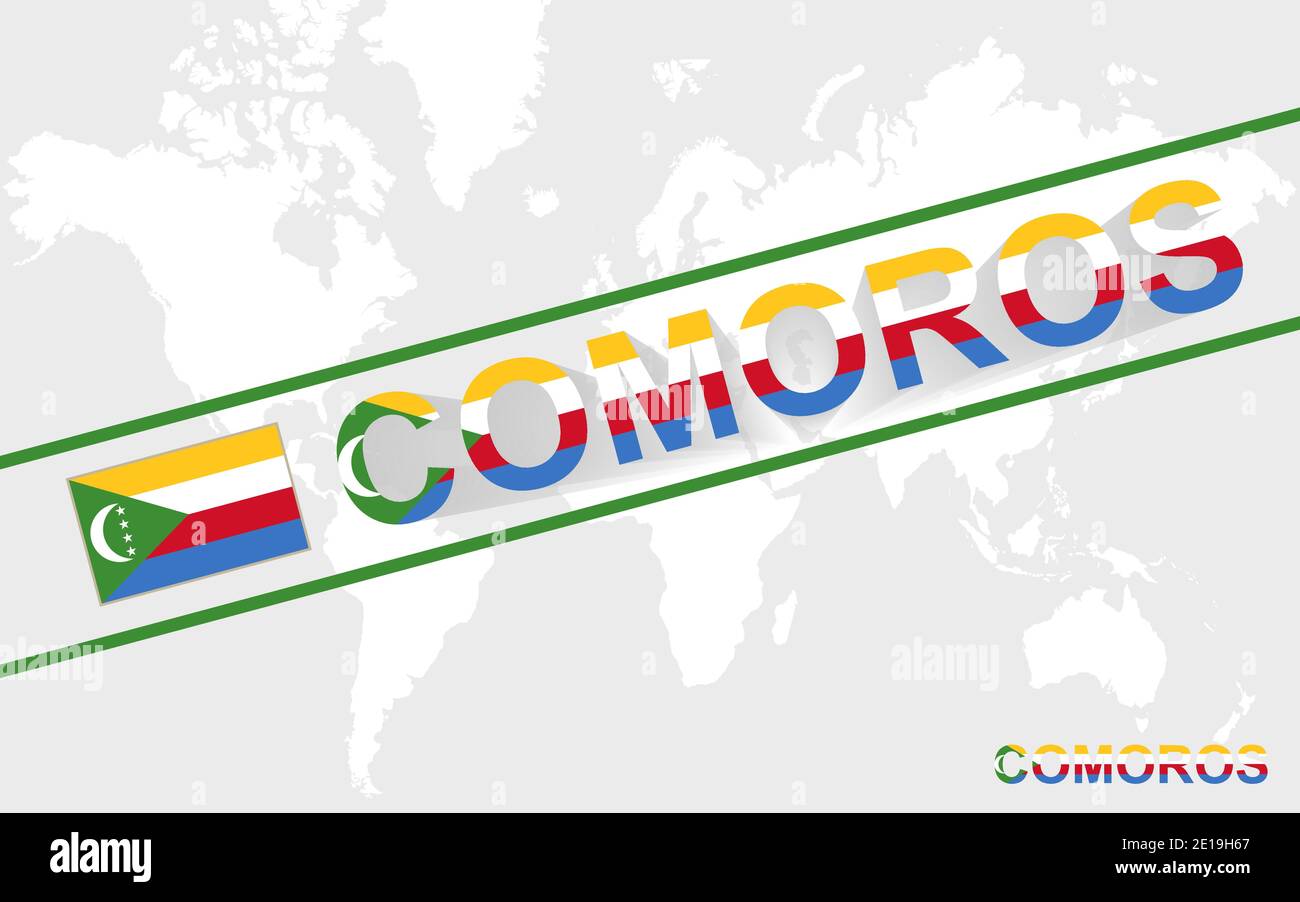 Drapeau de la carte des Comores et illustration textuelle, sur la carte du monde Illustration de Vecteur