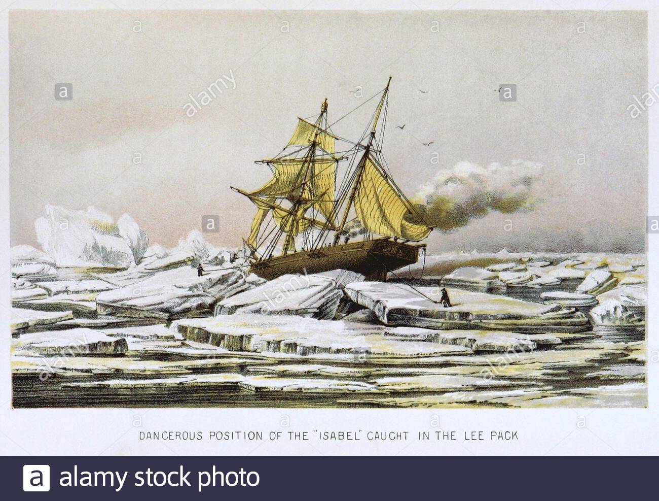 À la recherche de l'officier de la Marine royale britannique et explorateur de l'Arctique, le capitaine Sir John Franklin, position dangereuse du navire à vapeur Isabel pris dans le Lee Ice Pack, illustration vintage de 1853 Banque D'Images