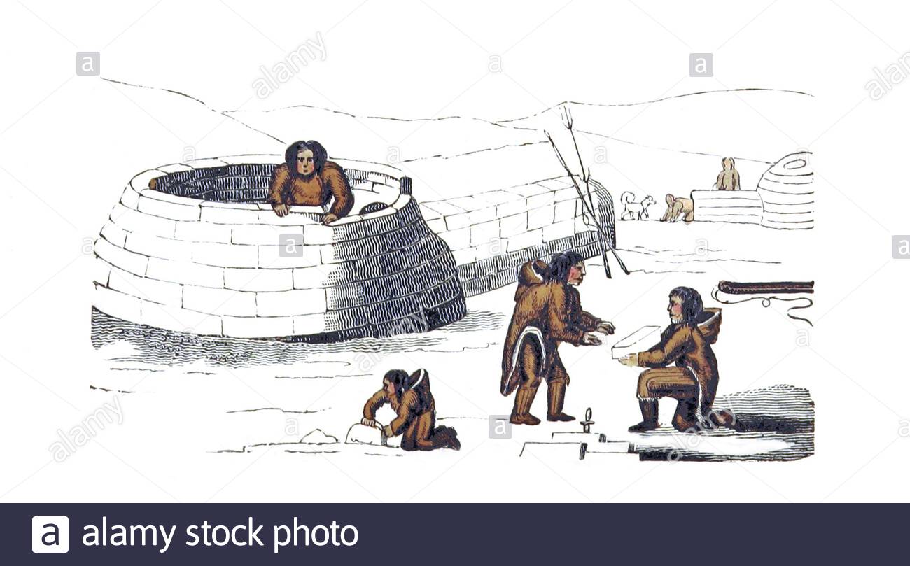 Eskimo construisant un igloo, illustration ancienne de 1825 Banque D'Images