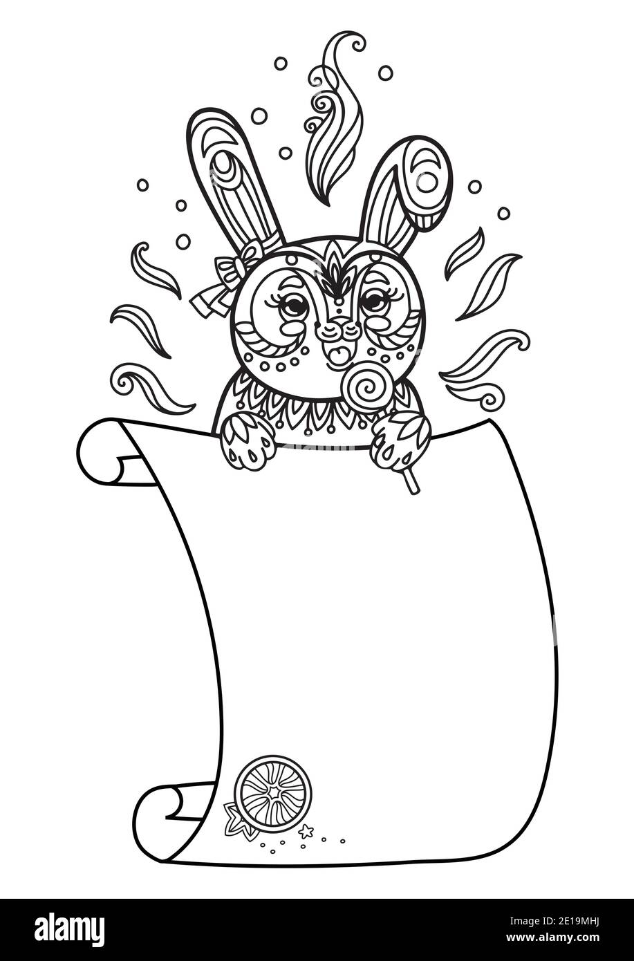Joli lapin avec gabarit de signe de défilement. Illustration de kawaii vectoriel monochrome avec motif animal en forme de nœuds et modèle de papier vierge vide. Pour l'impression, de Illustration de Vecteur