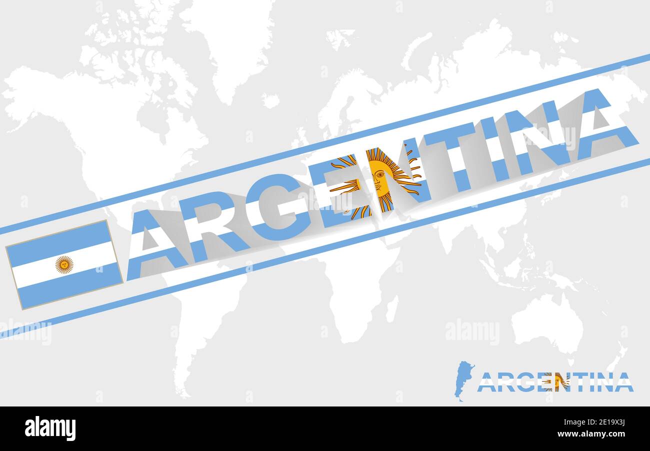 Drapeau de la carte de l'Argentine et illustration textuelle, sur la carte du monde Illustration de Vecteur