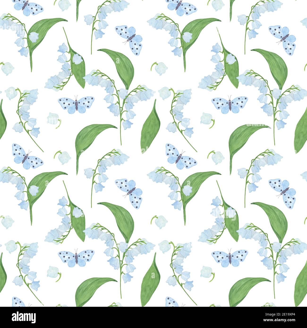 Fleur de Lily-of-the-vallée, motif papillon sans couture, aquarelle illustration symbole de printemps et bonheur main plantes blanches simple répétition ou Banque D'Images