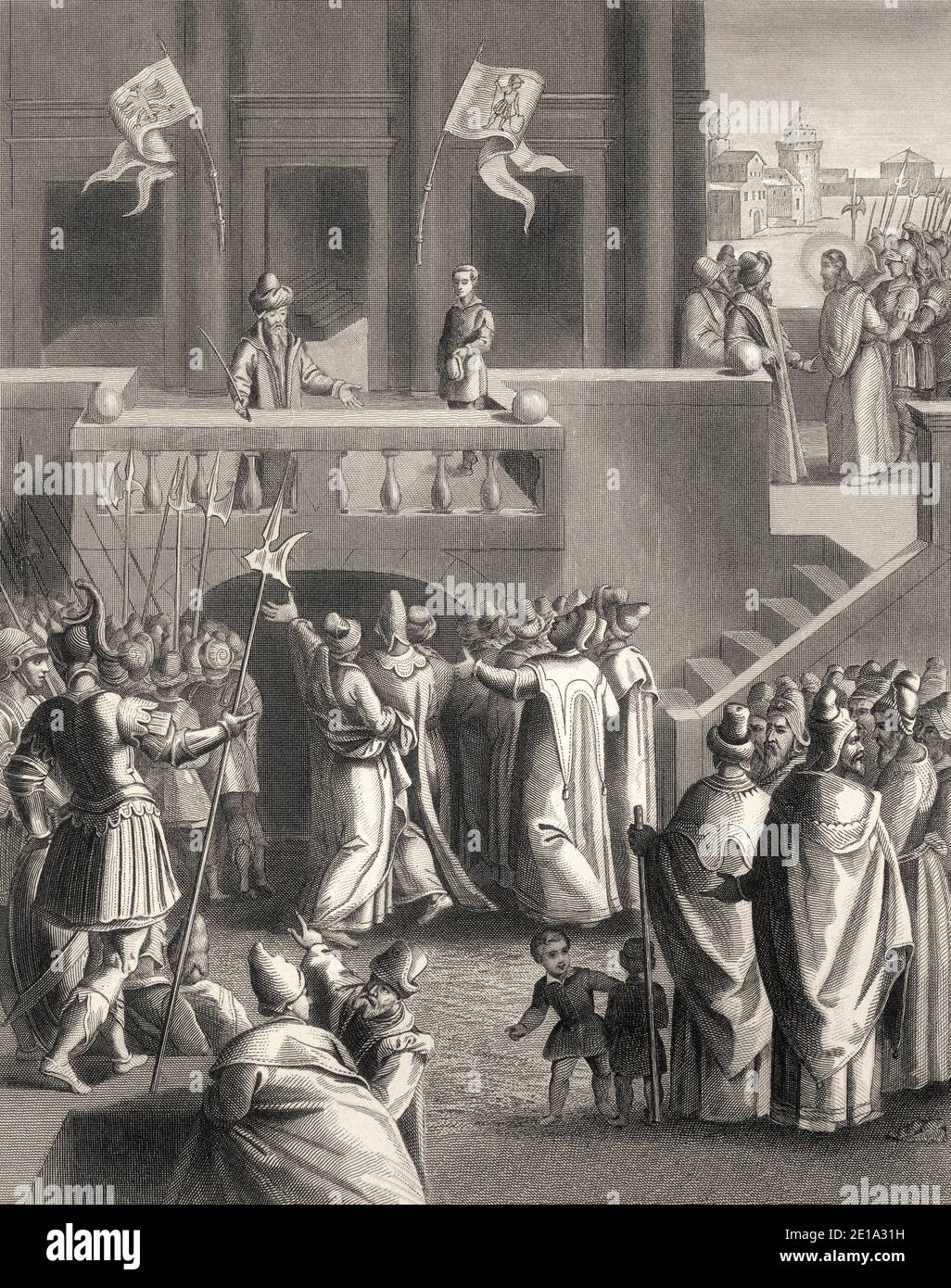 Le procès Sanhédrin de Jésus, Nouveau Testament, gravure en acier 1853, restauré numériquement Banque D'Images