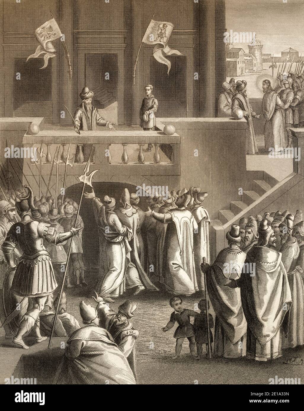 Le procès Sanhédrin de Jésus, Nouveau Testament, gravure en acier 1853, restauré numériquement Banque D'Images