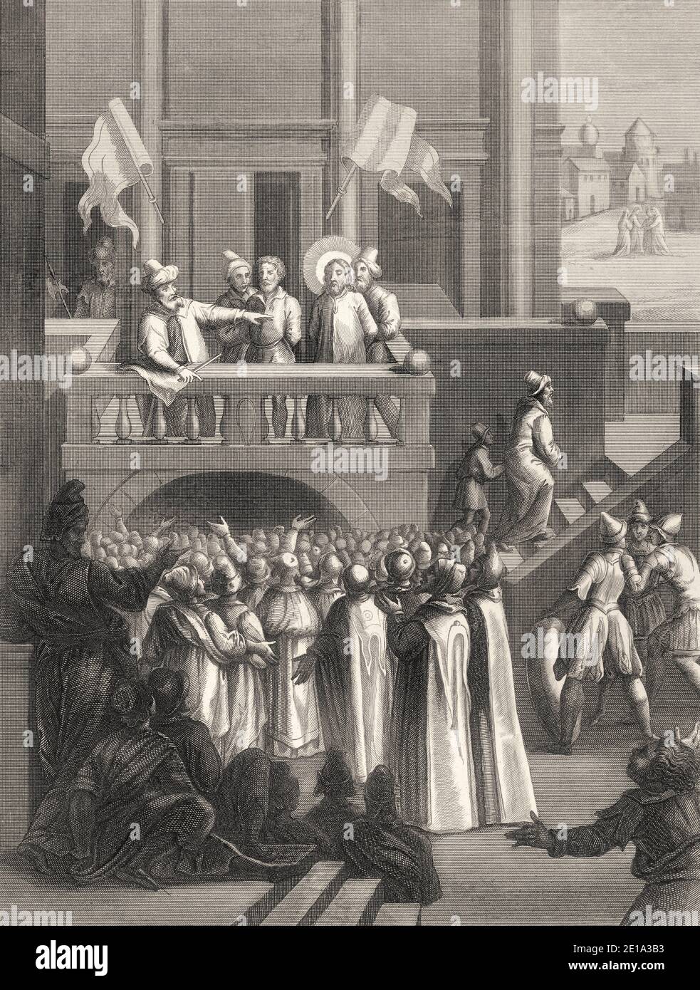 Le procès Sanhédrin de Jésus, Nouveau Testament, gravure en acier 1853, restauré numériquement Banque D'Images