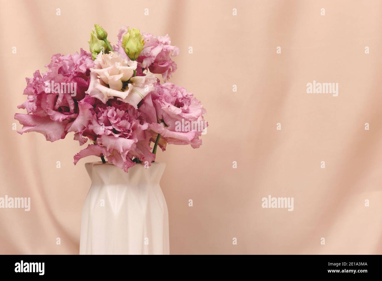 Bouquet de fleurs d'eustoma dans un vase devant un fond en tissu beige. Surprise pour la Fête des femmes ou la Fête des mères. Concept de printemps avec espace de copie. Banque D'Images