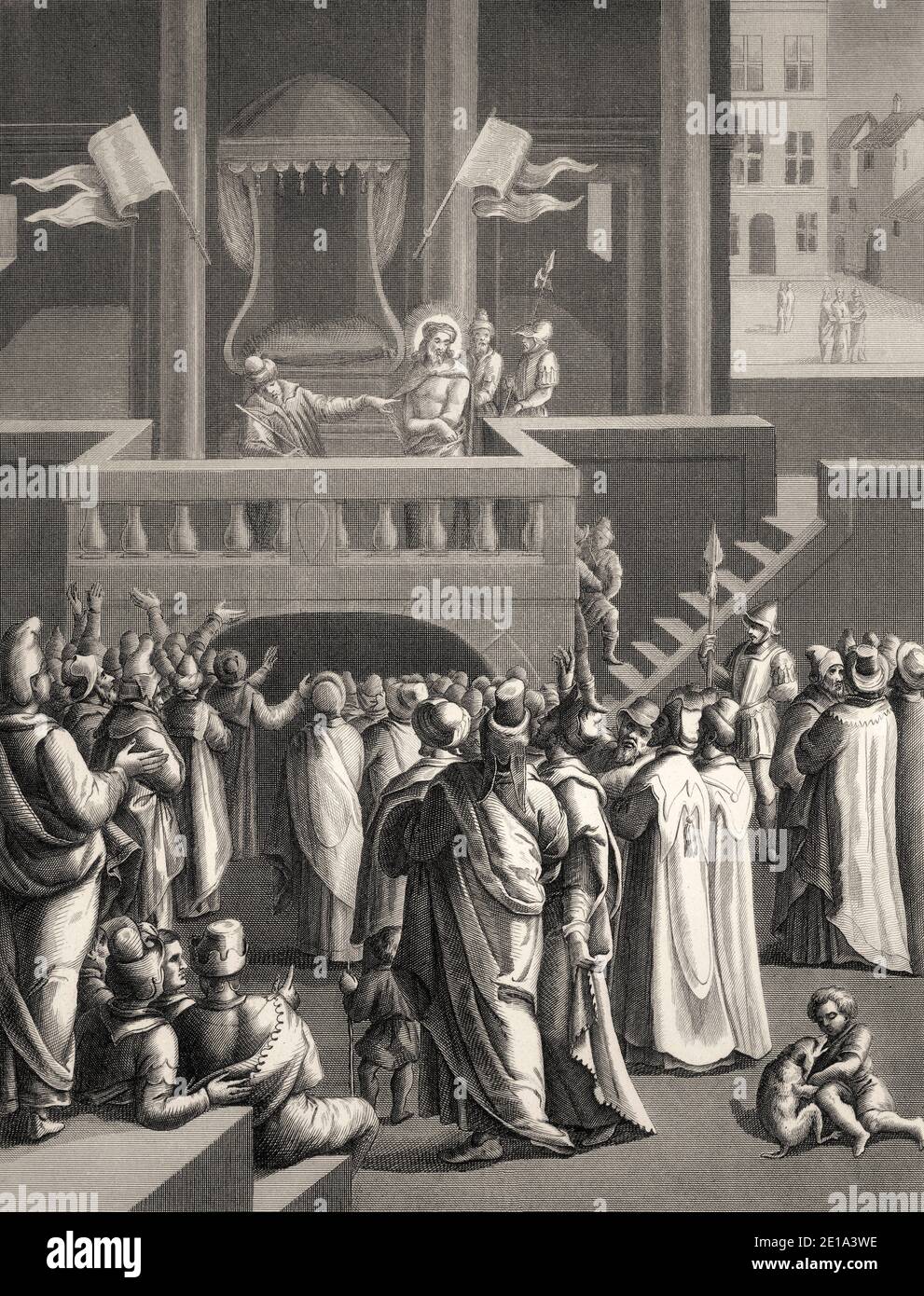 Pilate présentant un Jésus fléau au peuple de Jérusalem, Nouveau Testament, gravure en acier 1853, restauré numériquement Banque D'Images