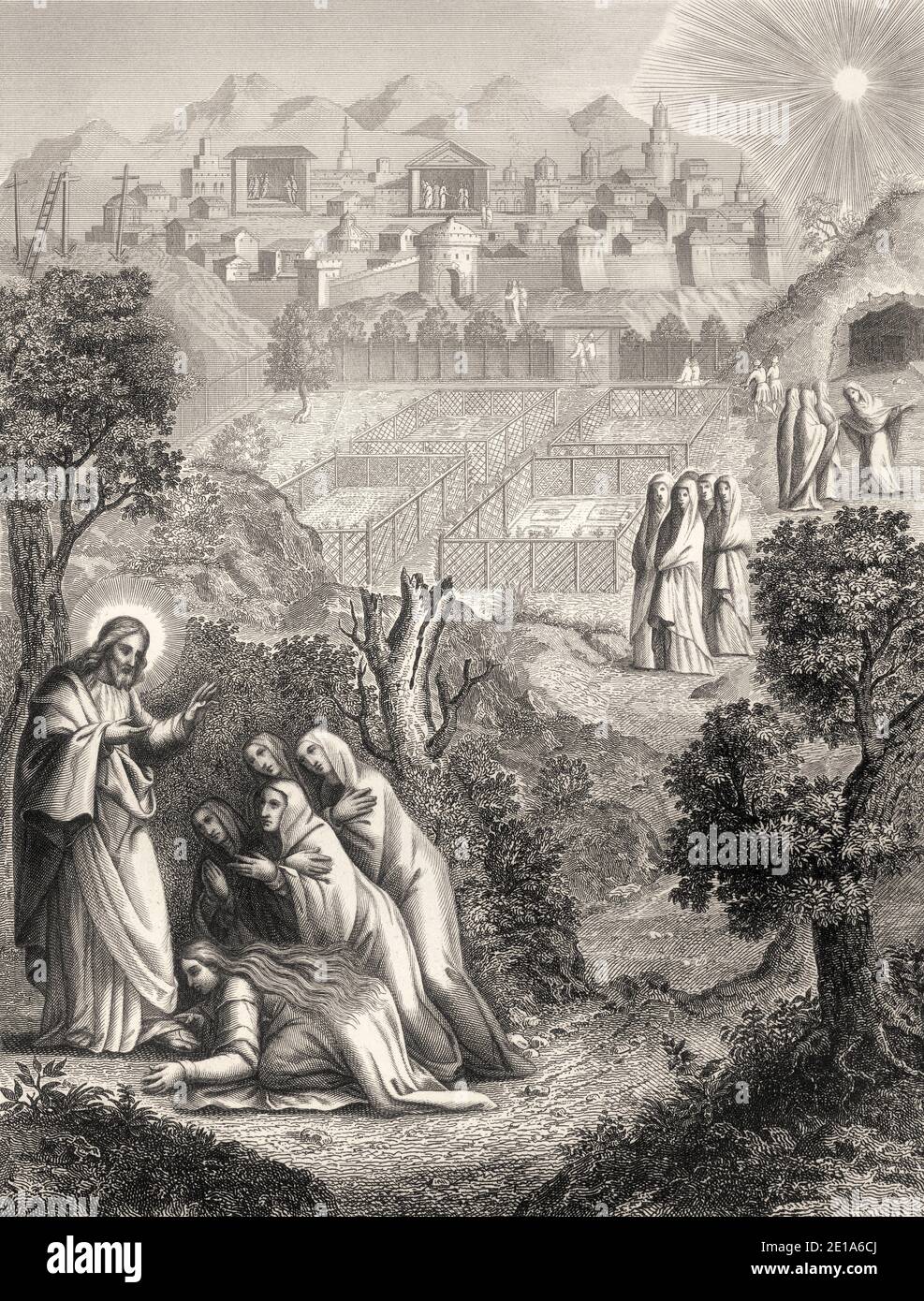 Christ apparaît aux femmes saintes, Résurrection de Jésus, Nouveau Testament, gravure en acier 1853, restaurée numériquement Banque D'Images