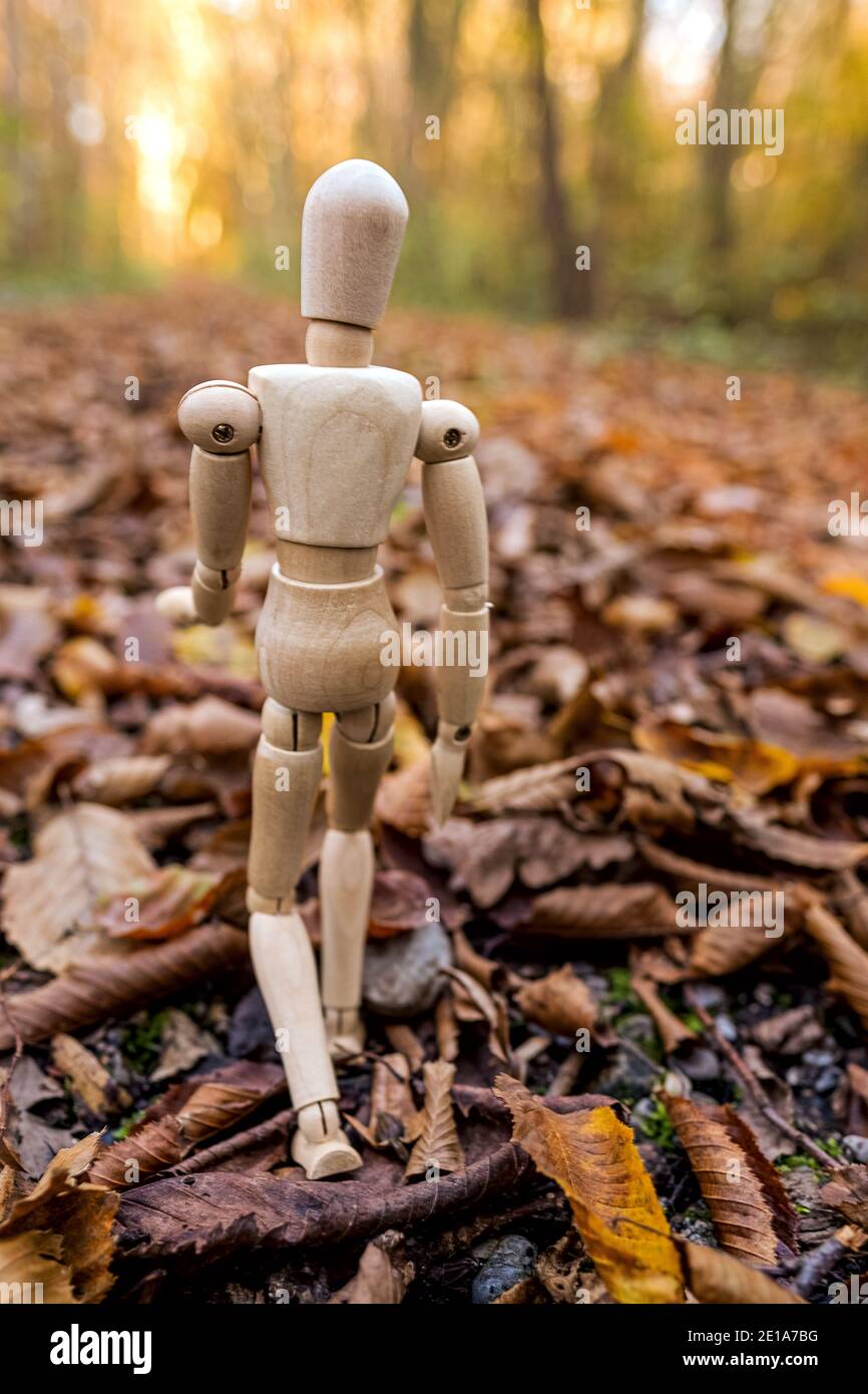 marionnette en bois marchant dans la forêt à travers les feuilles mortes autimn vers la lumière Banque D'Images