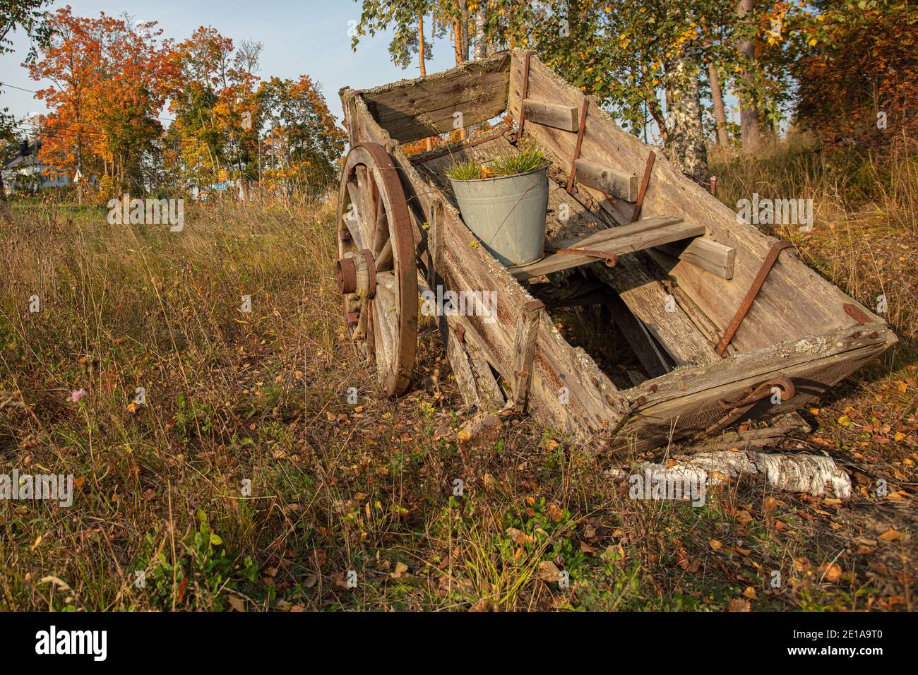 Sur une route de campagne, un ancien chariot. Jour ensoleillé d'automne. Photo de haute qualité Banque D'Images