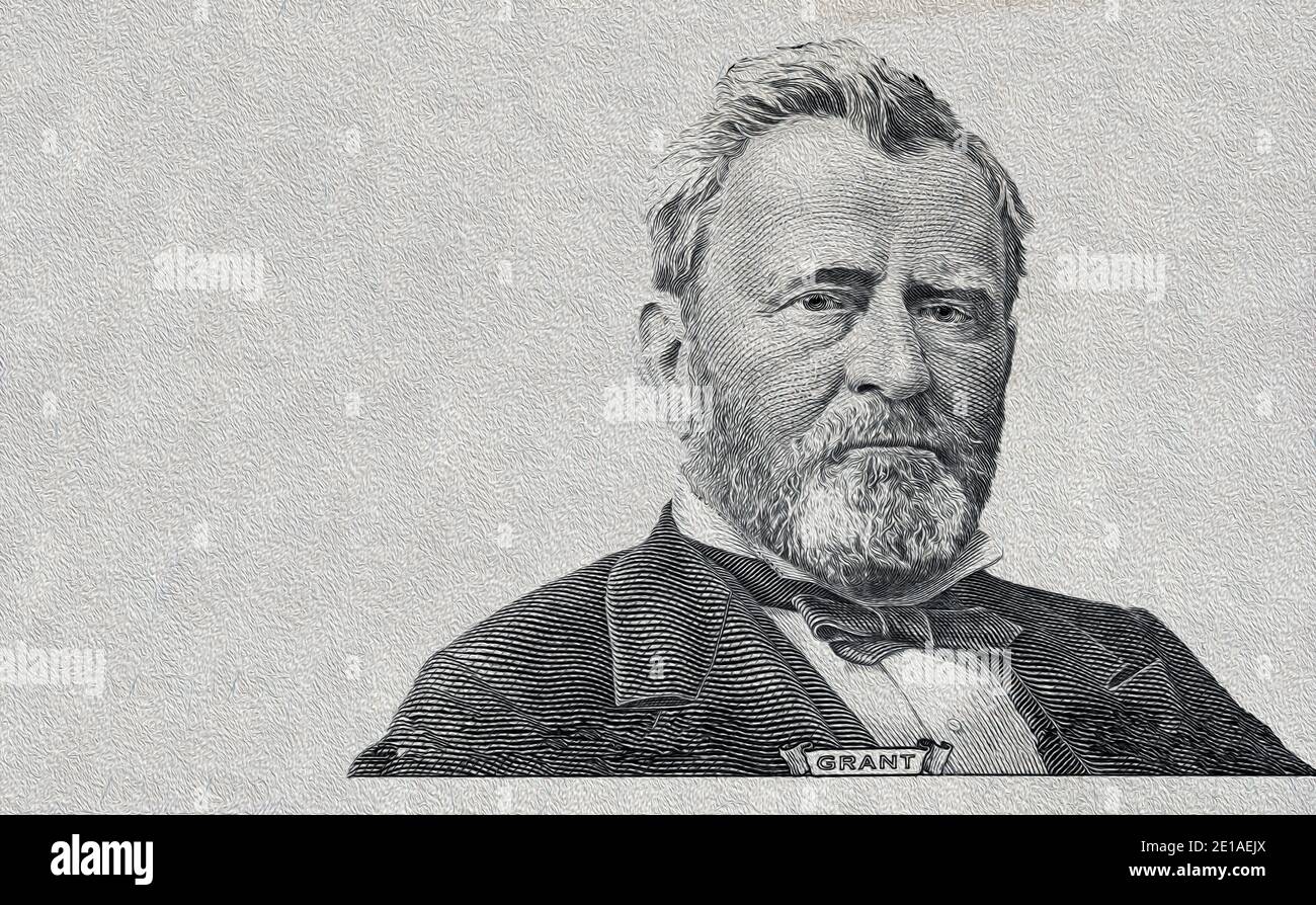 Ulysses S. Grant a coupé sur un nouveau billet de 50 dollars isolé sur fond blanc Banque D'Images