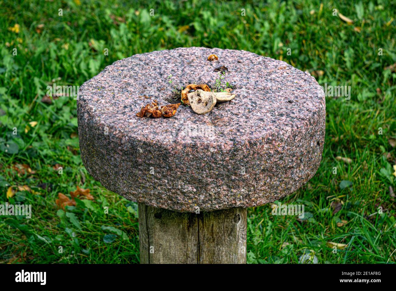 Un cercle de granit d'un ancien moulin utilisé comme table latérale. Banque D'Images