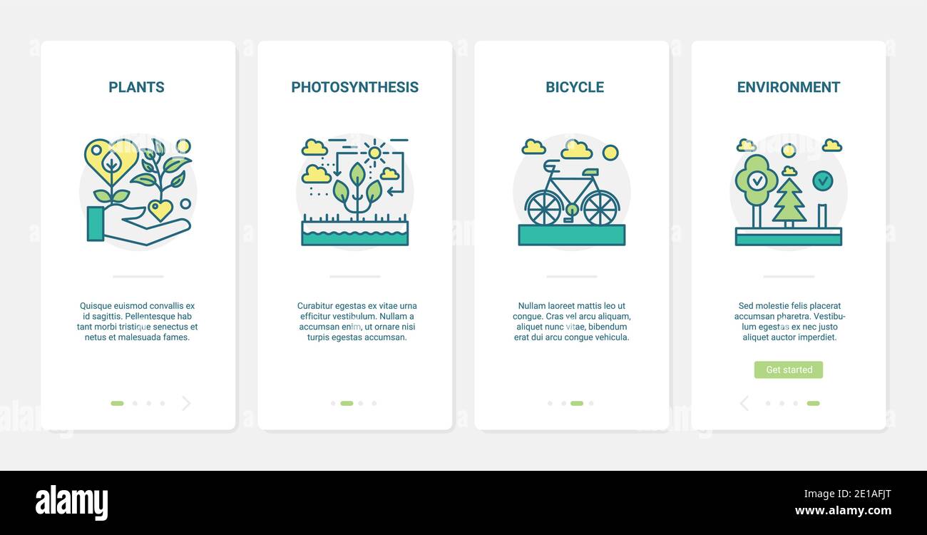 Technologie écologique pour enregistrer l'illustration du vecteur écologique. UX, UI Onboarding mobile application page Screen Set avec des symboles d'environnement d'économie de ligne, photosynthèse des plantes, transport de vélo écologique Illustration de Vecteur