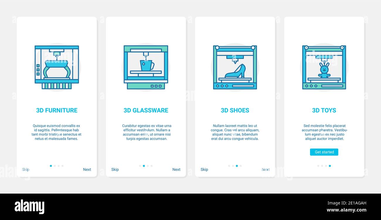 illustration vectorielle de la technologie industrielle de production 3d. UX, UI Onboarding mobile application page écran set avec la production en ligne de meubles jouets chaussures cuisine produits de verrerie, symboles de fabrication Illustration de Vecteur