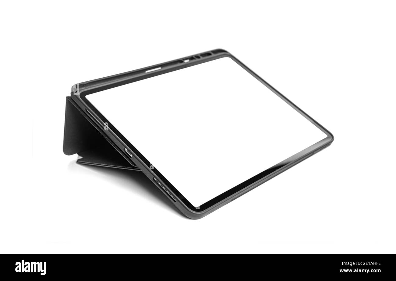 Tablette dans un boîtier isolé sur un fond blanc Banque D'Images